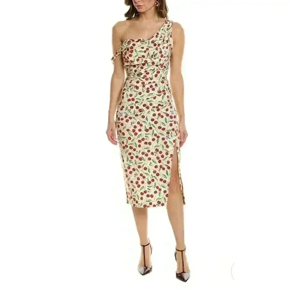 Carolina Herrera Cherry Print Off Shoulder Midi Dress 6 S Drape Designer Runway - Picture 6 of 16